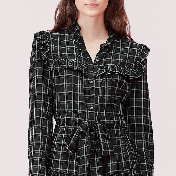 Rebecca Taylor La Vie Drapey Black Plaid Ruffle Long Sleeve Dress - Picture 15 of 16